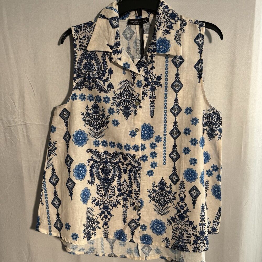 NWT Francesca Bettini Linen Cotton Sleeveless Button Front Top Shirt M Floral